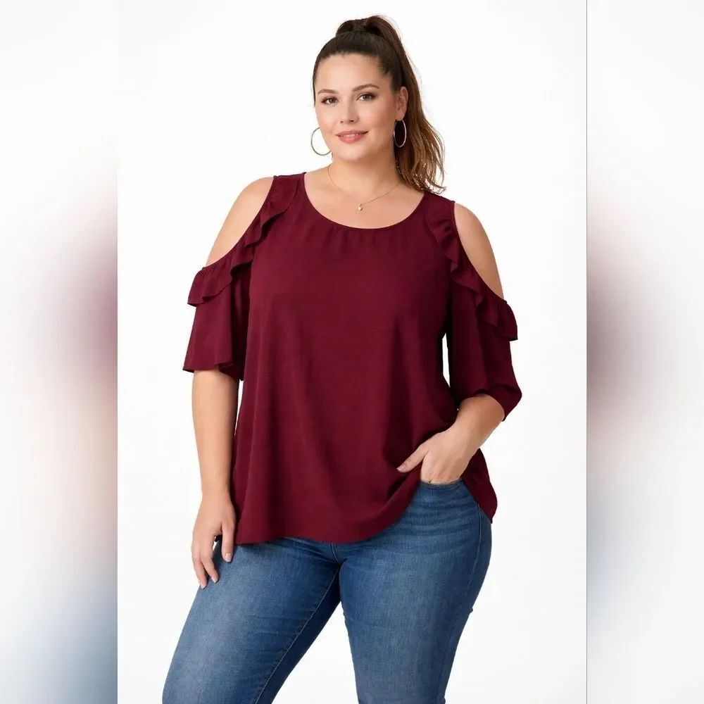 Torrid SIZE 2 Cold-Shoulder Ruffle Blouse - Burgundy